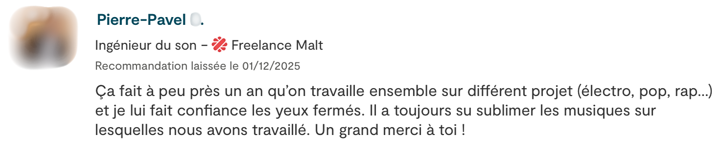 Avis client mastering en vedette — Sacha Music Charts