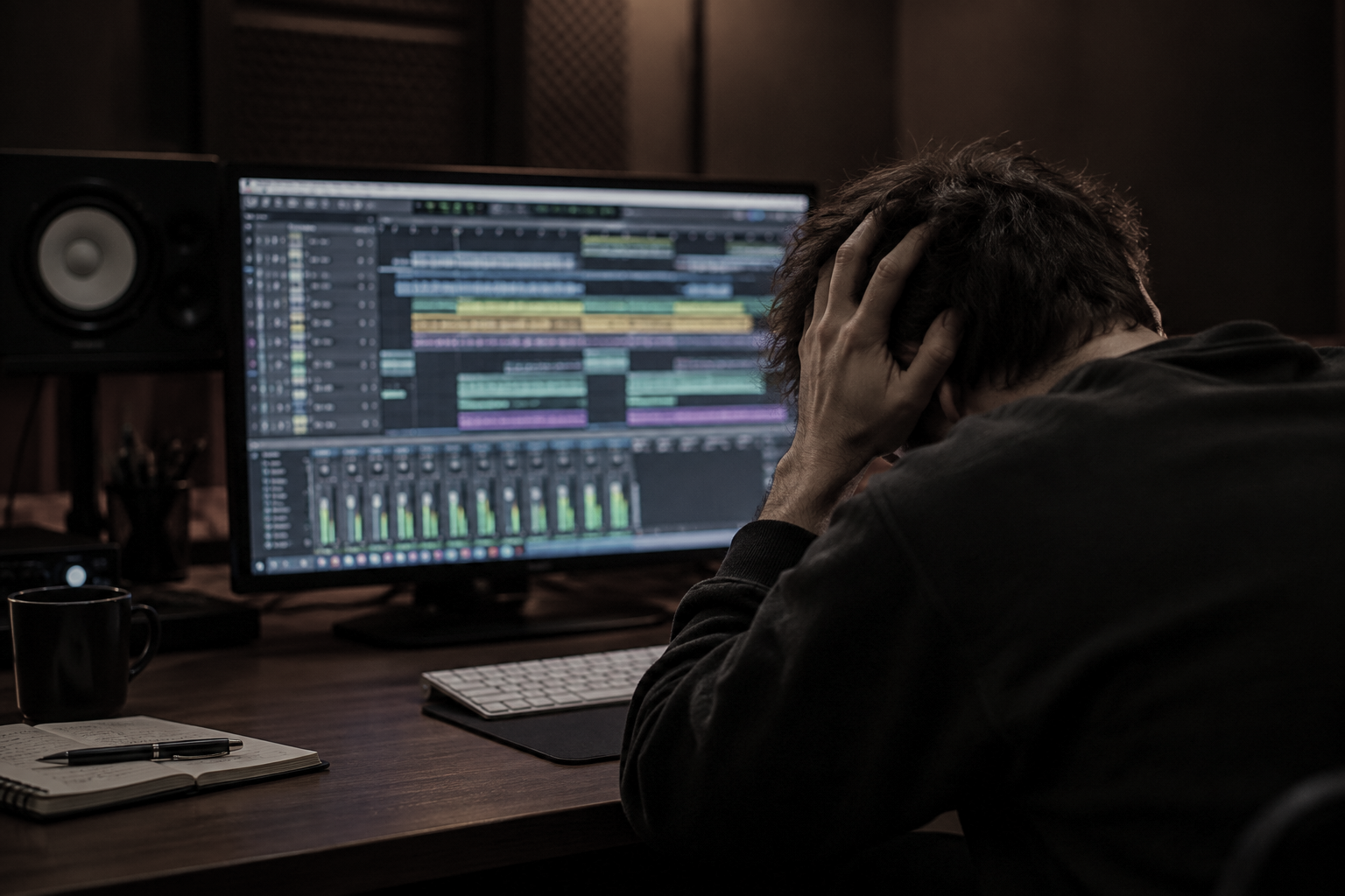 Sacha, ingénieur du son, en studio