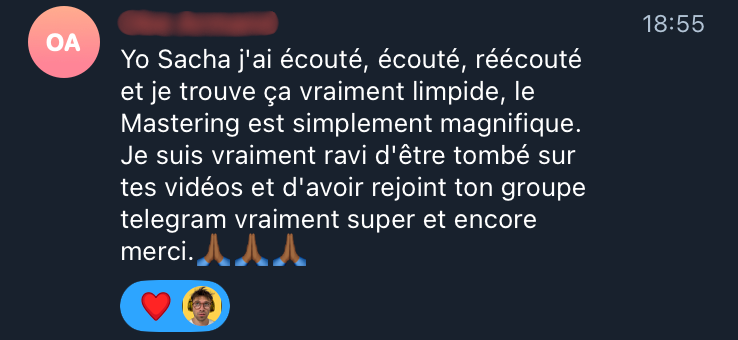 Retour client après réception d'un master de Sacha Music Charts
