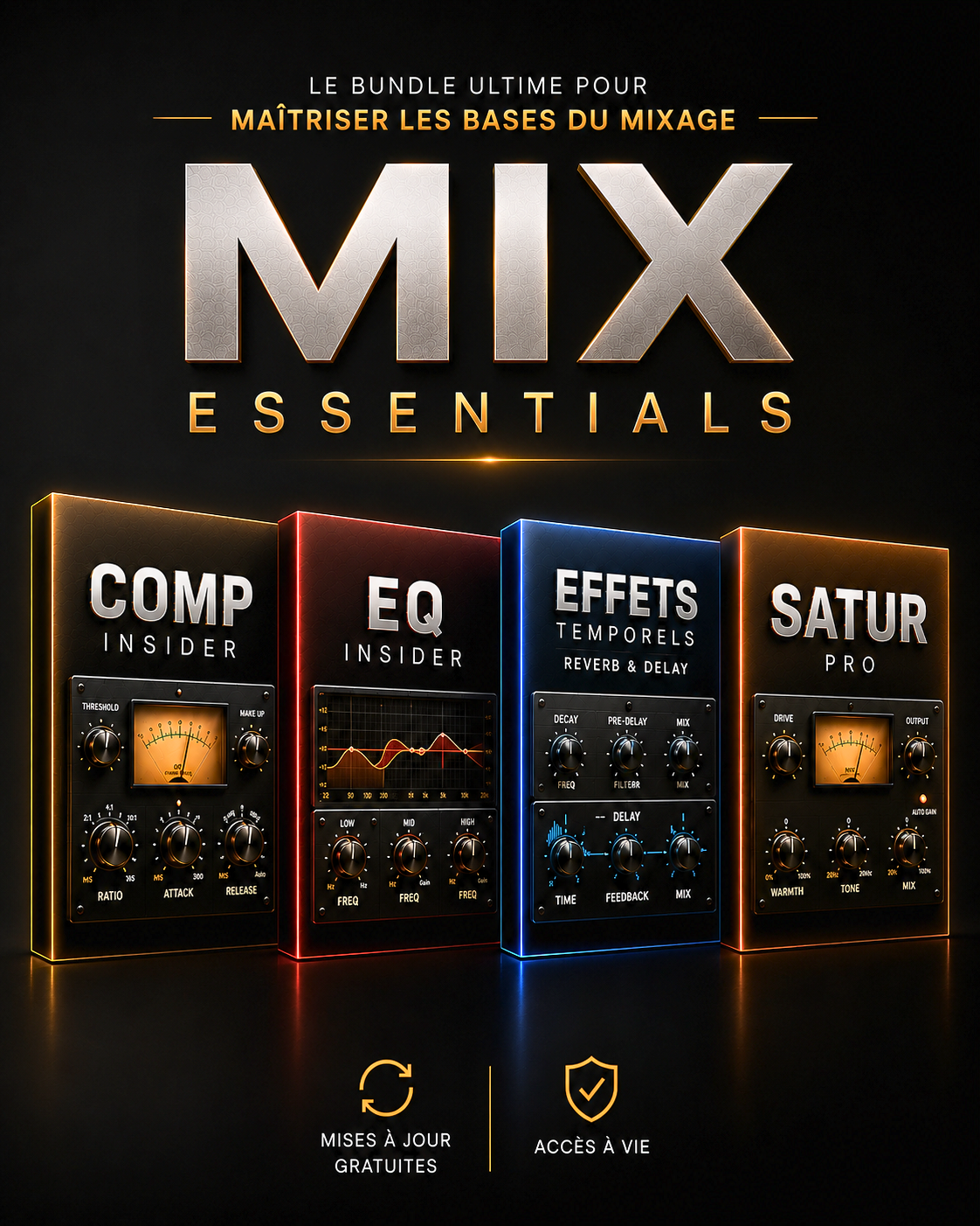 MIX Essentials — bundle de 4 modules de mixage (COMP Insider, EQ Insider, Effets Temporels, SATUR Pro)